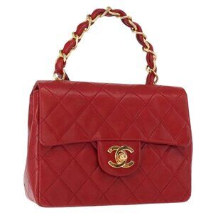 CHANEL Mini Matelasse 17 Hand Bag Lamb Skin Red Gold